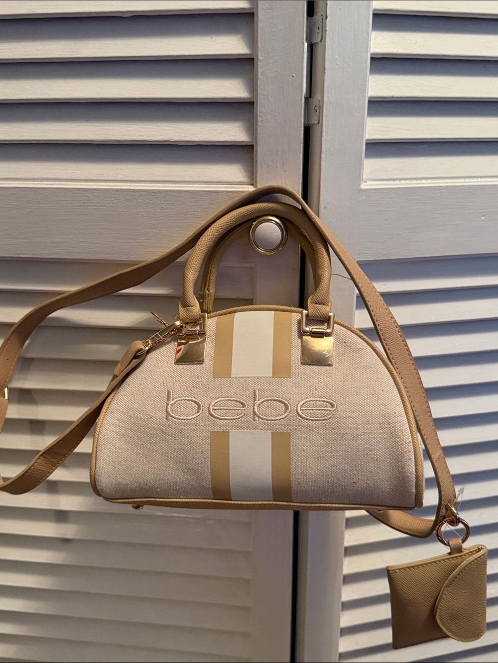 bebe Cream and Tan Striped Dome Satchel with Detachable Strap